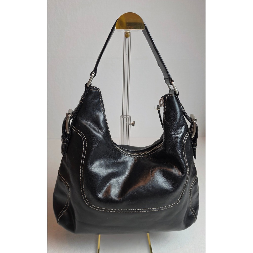 Michael Kors Black Leather Hobo Shoulder Bag Contrast Stitch Silver Hardware